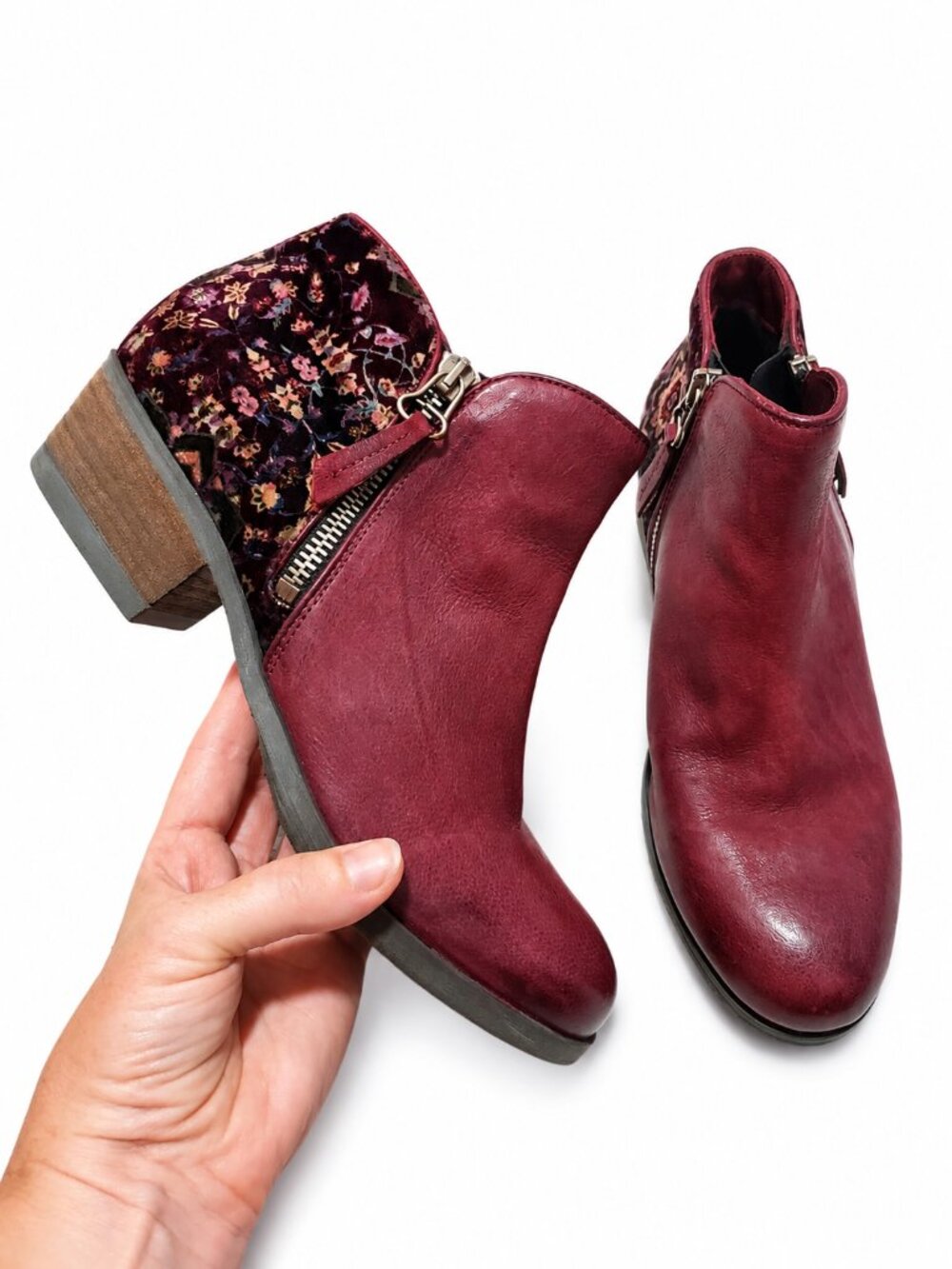 MIZ MOOZ Bangkok Leather & Floral Velvet Ankle Boots Red 39EU 8.5US Burnished